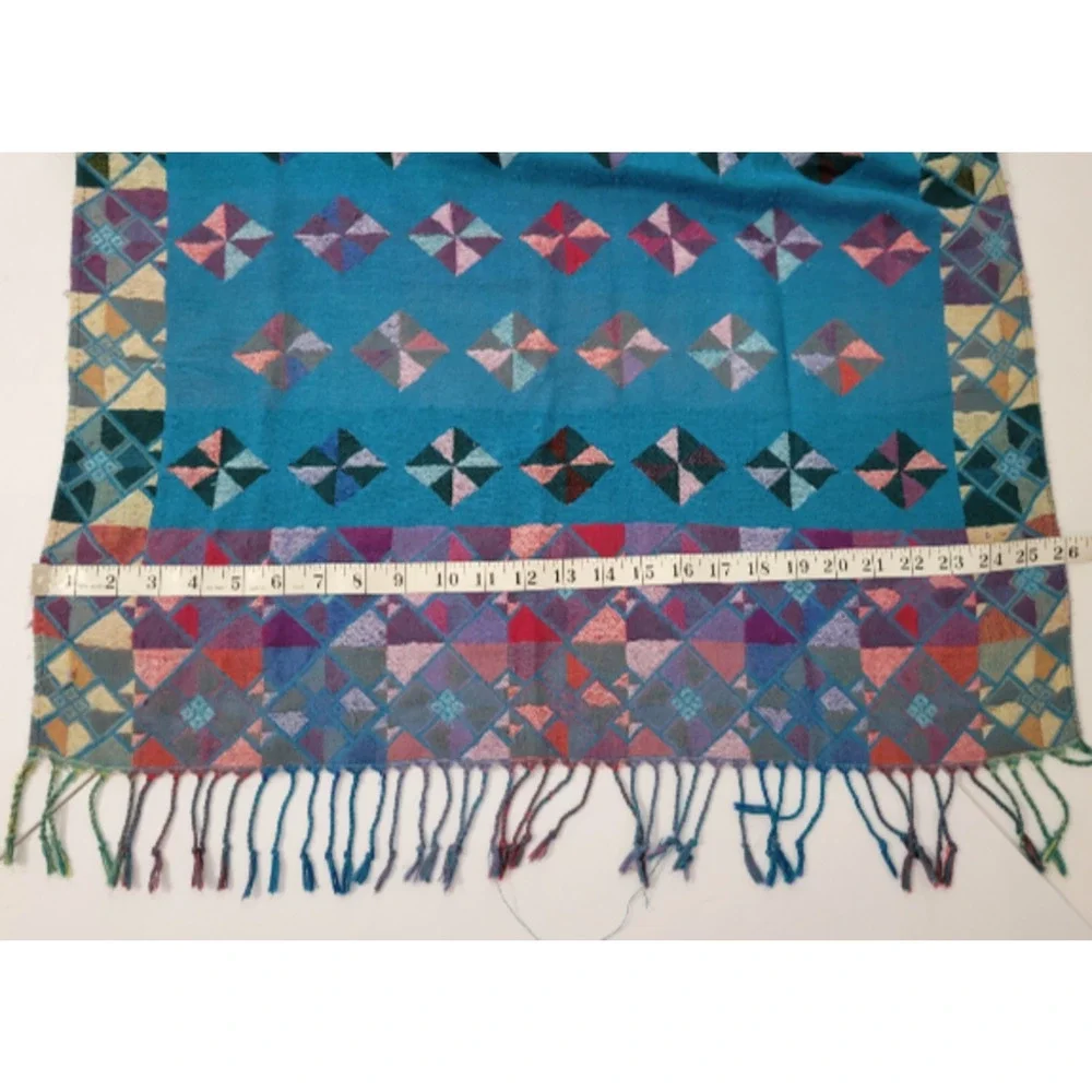 Womens Teal Geometric Scarf Multicolor Pinwheel Diamond Pattern Fringe Boho